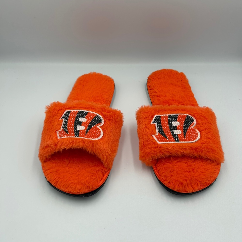 FOCO NFL Cincinnati Bengals Slippers Large Orange‎ Faux Fur Rhinestone Slides